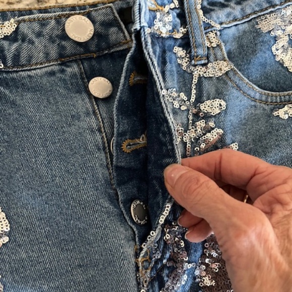 Nasty Gal Sequin Floral Denim Jean Mini Skirt Sz 6 Western Bling Cowgirl Rodeo - Picture 3 of 11